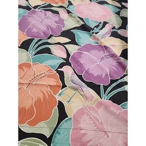 VTG Wamsutta TAHITI Birds Flowers Black Purple QUEEN Flat Sheet + 1 Std Case